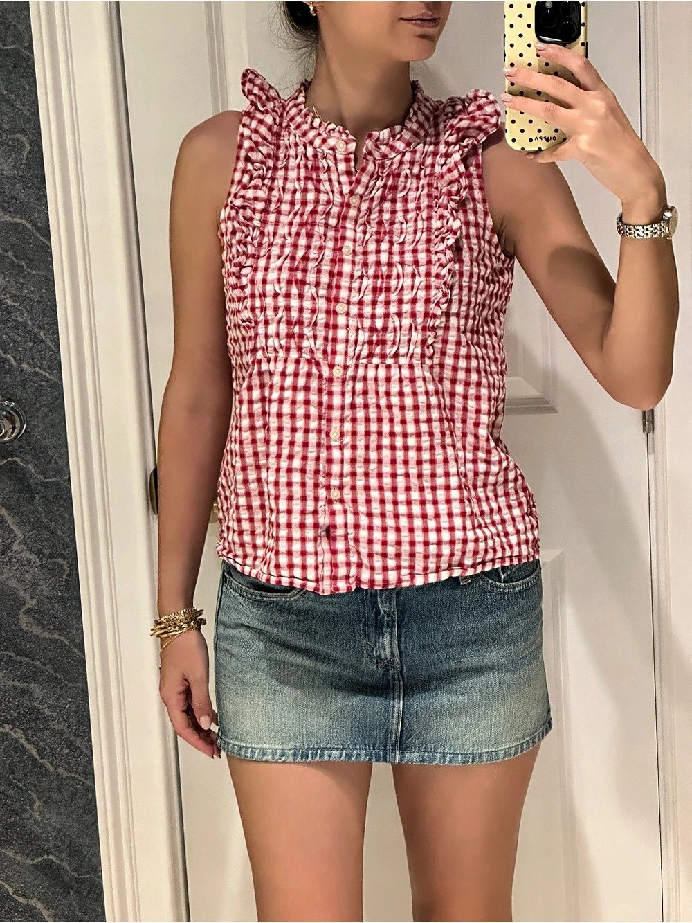 LOFT Gingham Ruffle Sleeveless Blouse in Red & White Size X Small